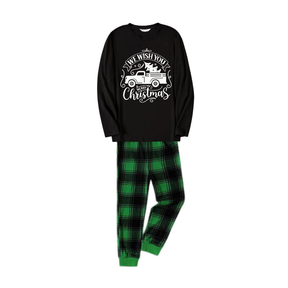 Christmas Family Matching Pajamas-Black Top and Green Plaid Pants Pjs Set with "We Wish You A Merry Christmas" and Christmas Car Pattern Print