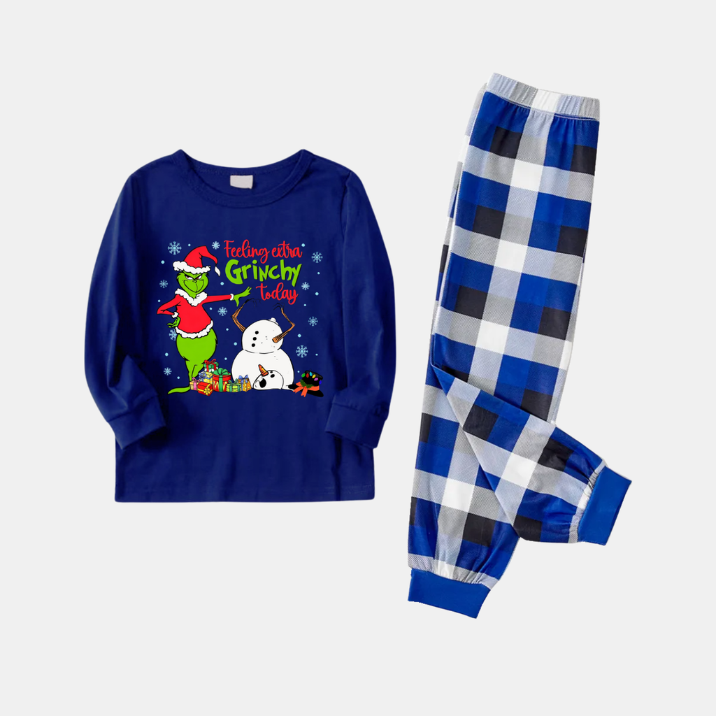 Coupe Navy & White Plaid Christmas Pajamas Set With Grinch and Snowman Print