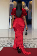 V Neck Puff Sleeve Velvet Panel Ruched Party Maxi Dresses-Black