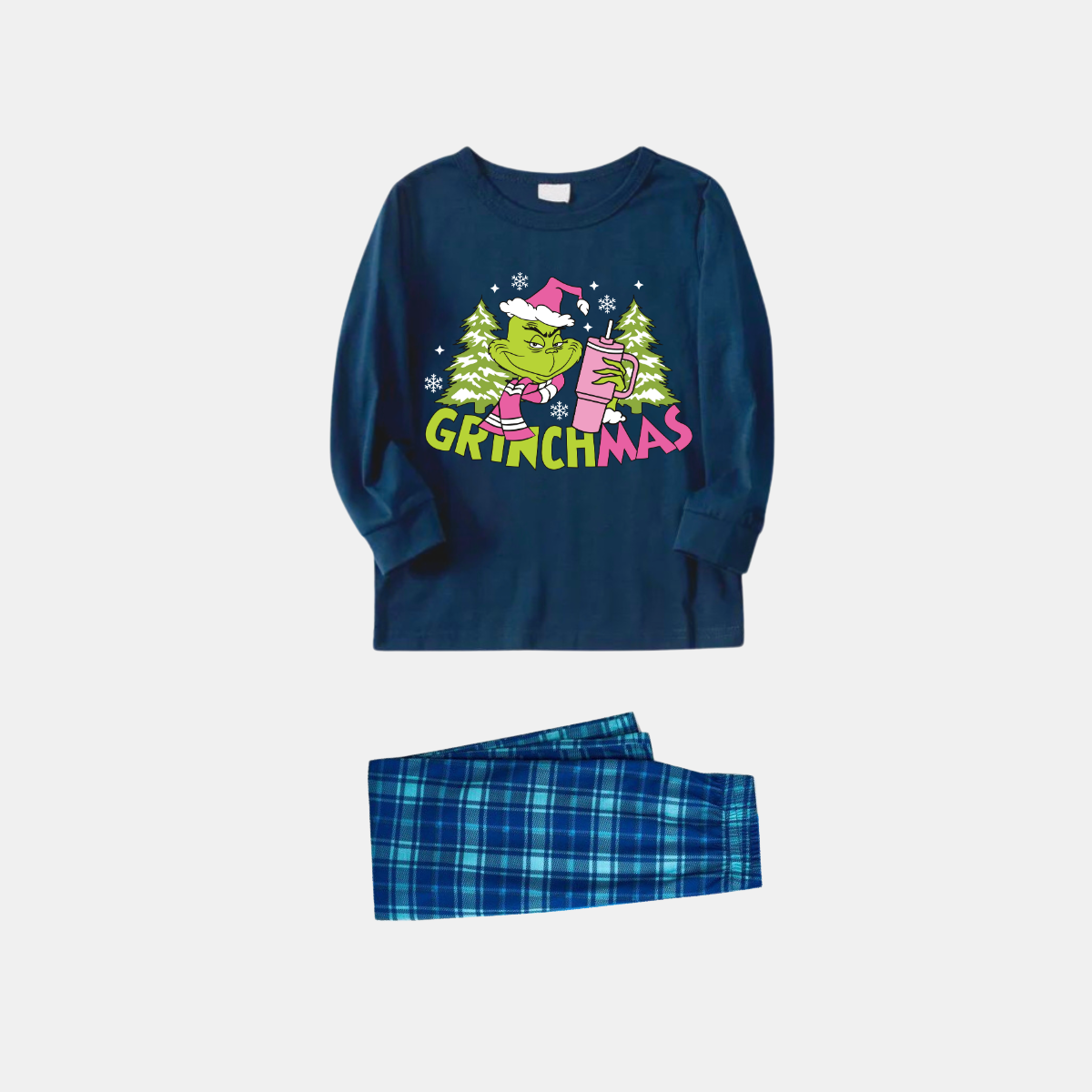 Navy & Sky Blue Plaid Christmas Pajamas Set With Grinch and " Grinchmas" Text Print
