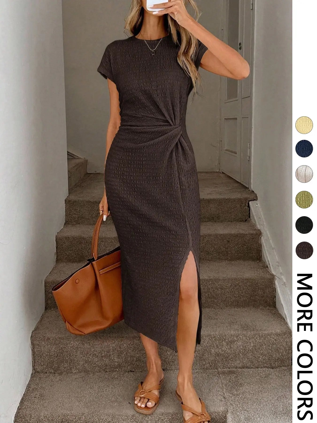 Elegant Waist Twist High Slit Sleeveless Midi Dress, Casual Apricot Textured Bodycon Dress, Women's Birthday Outfit, Women's Fitness Set, Women's Wedding Guest Dress, Women's Office Wear, White Graduation Dress