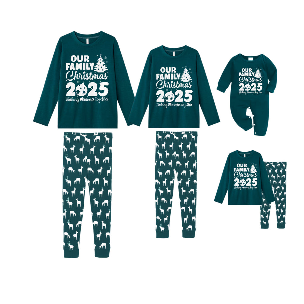 Christmas Family Matching Pajamas-Dark Green&Deer Patterned Pjs Set with "Our Family Christmas 2025" Print