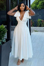 Deep V Neck Bow Cinch Waist Solid Color Cami Maxi Dresses-White