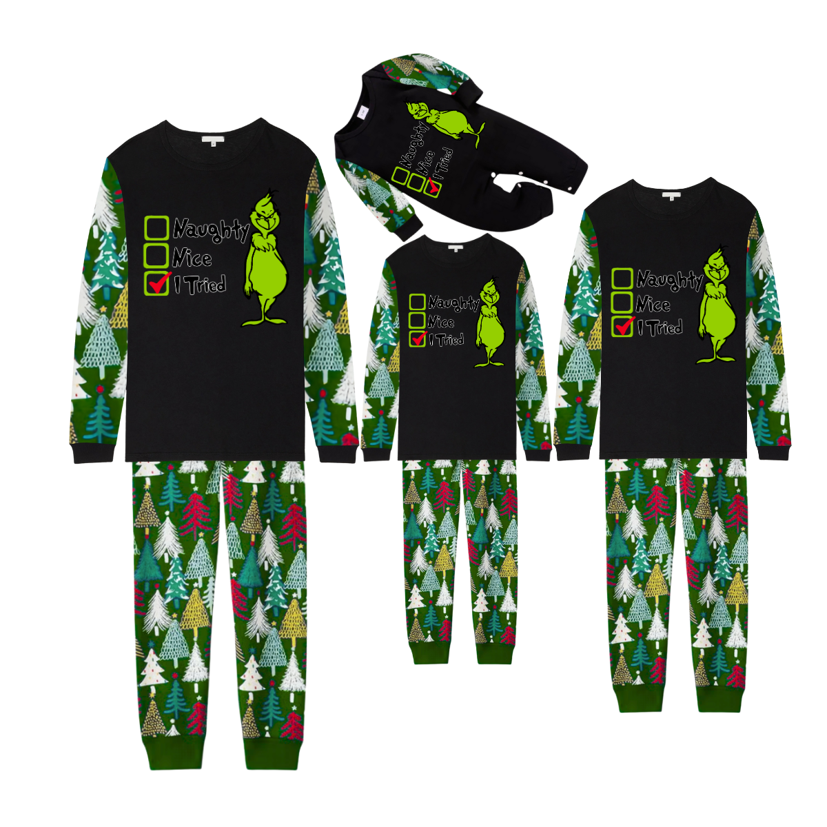 Grinch's Naughty or Nice Pajama Set with Christmas Tree Pattern – I Tried