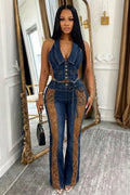 Denim Lace Deep V Neck Sleeveless Top Skinny Pants 2pcs Set-Blue