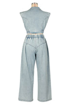 Denim V Neck Sleeveless Zipper Crop Top Wide Leg Pants Casual 2pcs Set-Blue