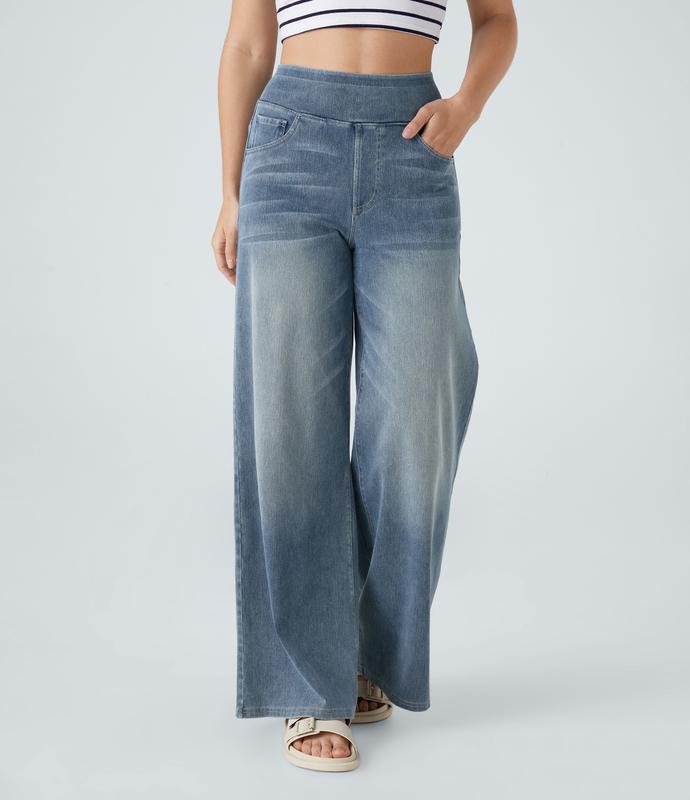 2026🔥FlexTM High Waisted Multiple Pockets Washed Stretchy Knit Casual Bootcut Jeans