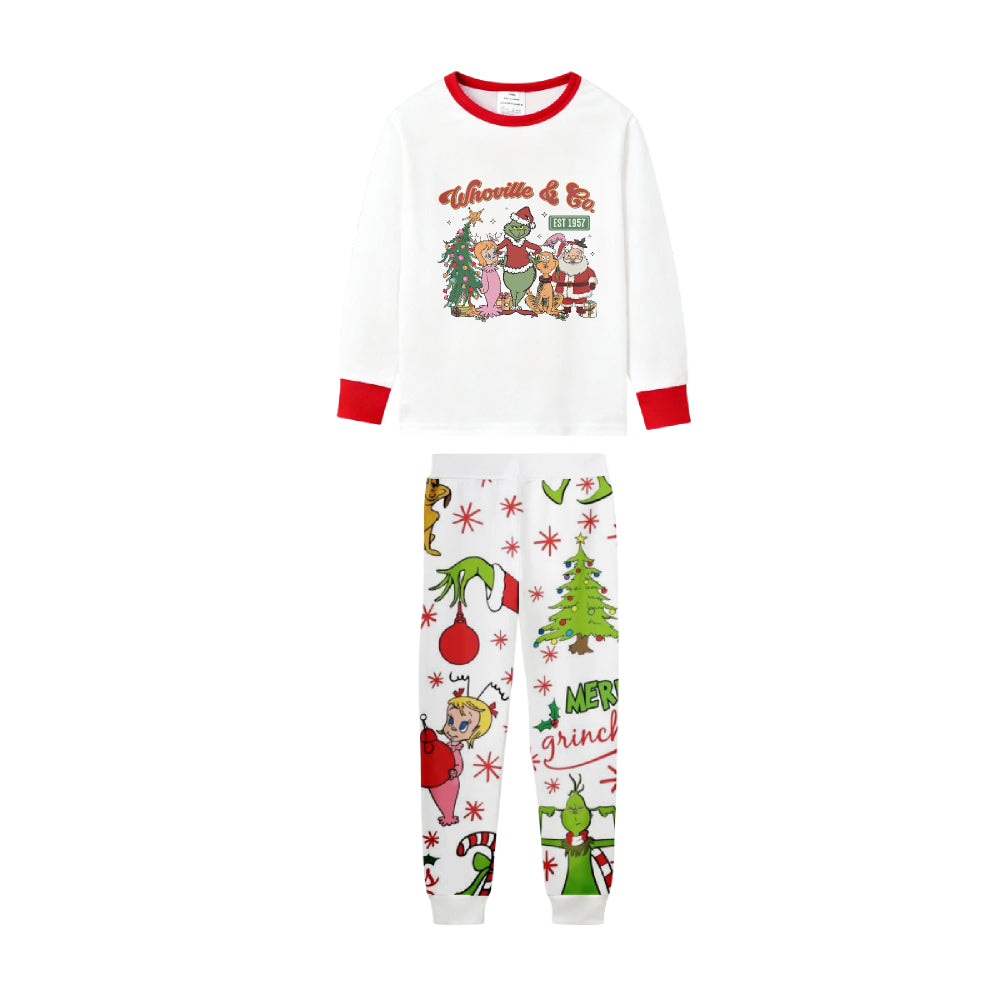 Family Christmas White Pajamas Set With Colorful Xmas Pattern Print