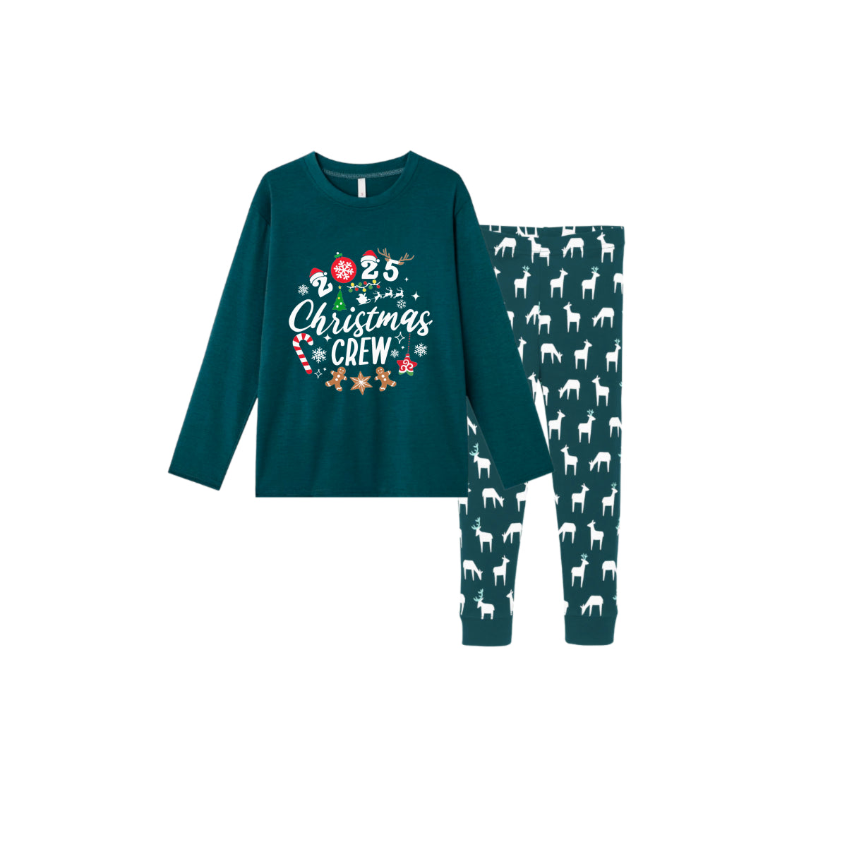 Christmas Family Matching Pajamas-Dark Green&Deer Patterned Pjs Set with "2025 Christmas Crew" Print