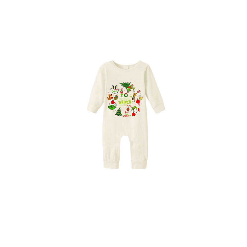 Beige Christmas Pattern Print Christmas Pajamas Set With Grinch and Christmas Pattern Print