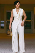 Notched Lapel Sleeveless Cinch Waist High Waist Jumpsuit-White