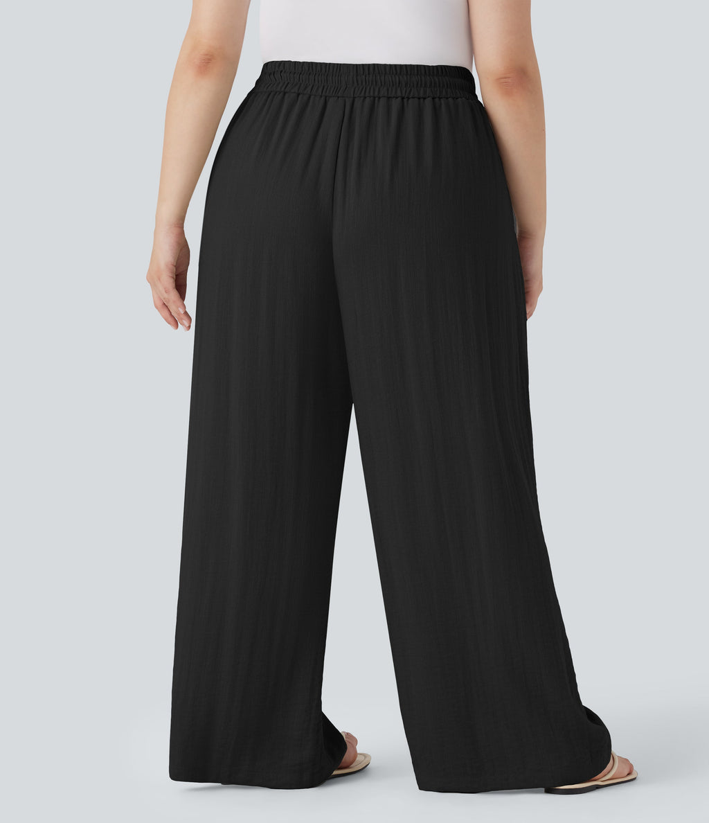 High Waisted Drawstring Linen-Feel Wide Leg Casual Plus Size Pants with Pockets