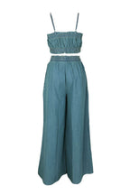 Ruffle Trim Denim Cami Neck Crop Top Wide Leg Pants Casual 2pcs Set-Blue