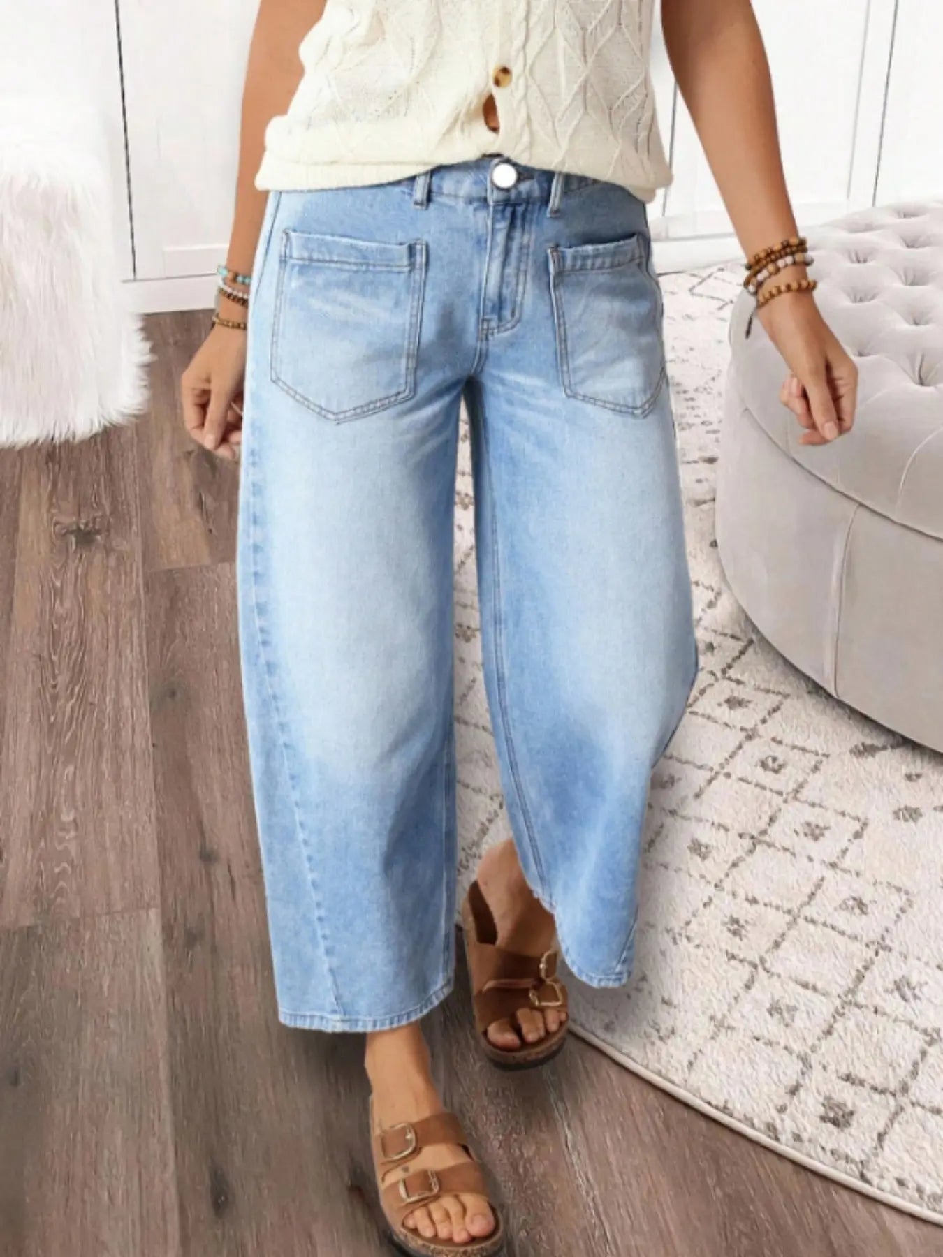 Women's Casual Street Patchwork Pocket Loose Wide Leg Jeans，Baggy Loose Summer Jeans, Perfect for All Seasons & Casual Occasions