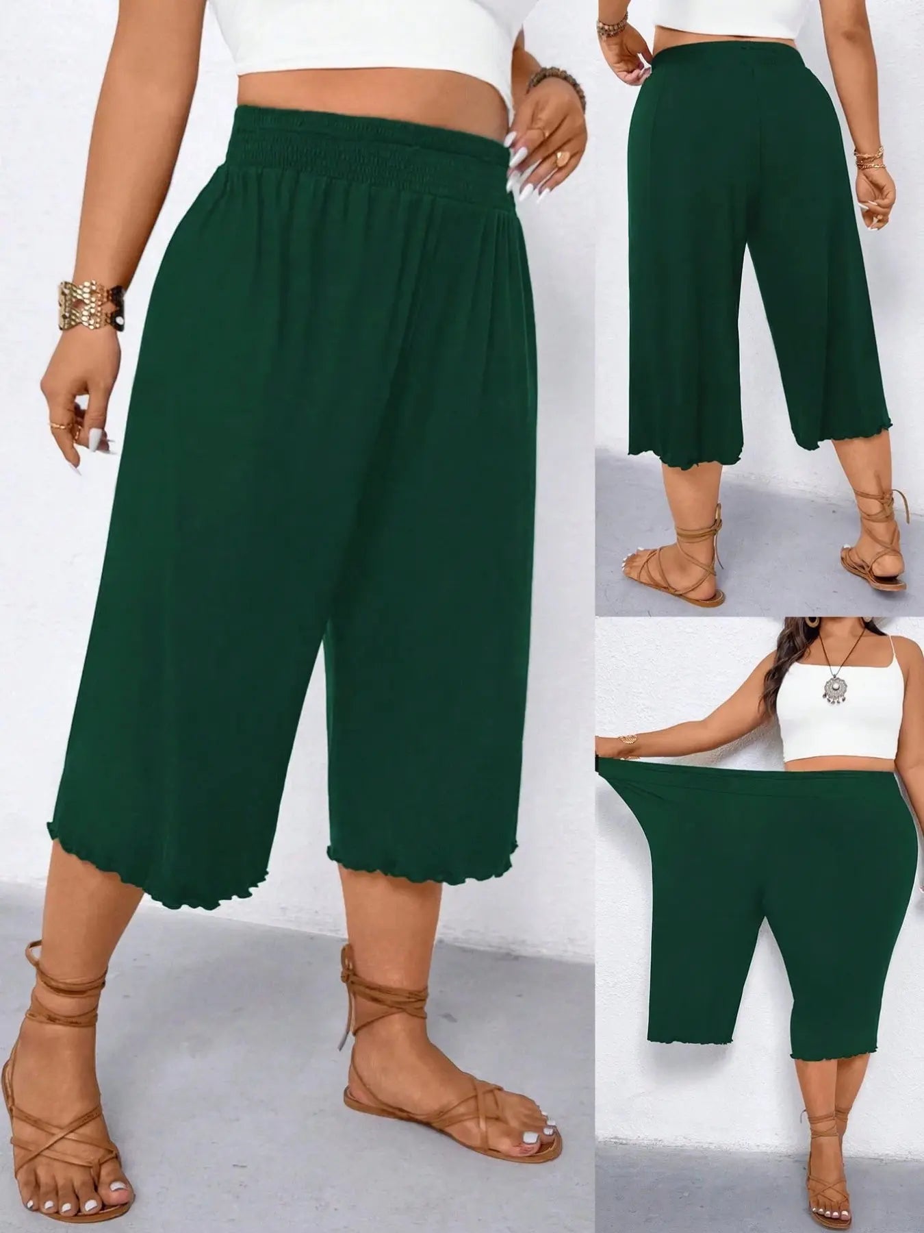 Women's Plus Size Wide Leg Capri Pants Scalloped Hem Culottes Smocked Elastic High Waist Cropped Trousers Casual Summer Lounge Flowy Trendy