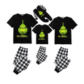 Ew People Grinch Family Christmas Pajamas Set - Black Top Black and White Plaid Pants Green Grinch Face Graphic