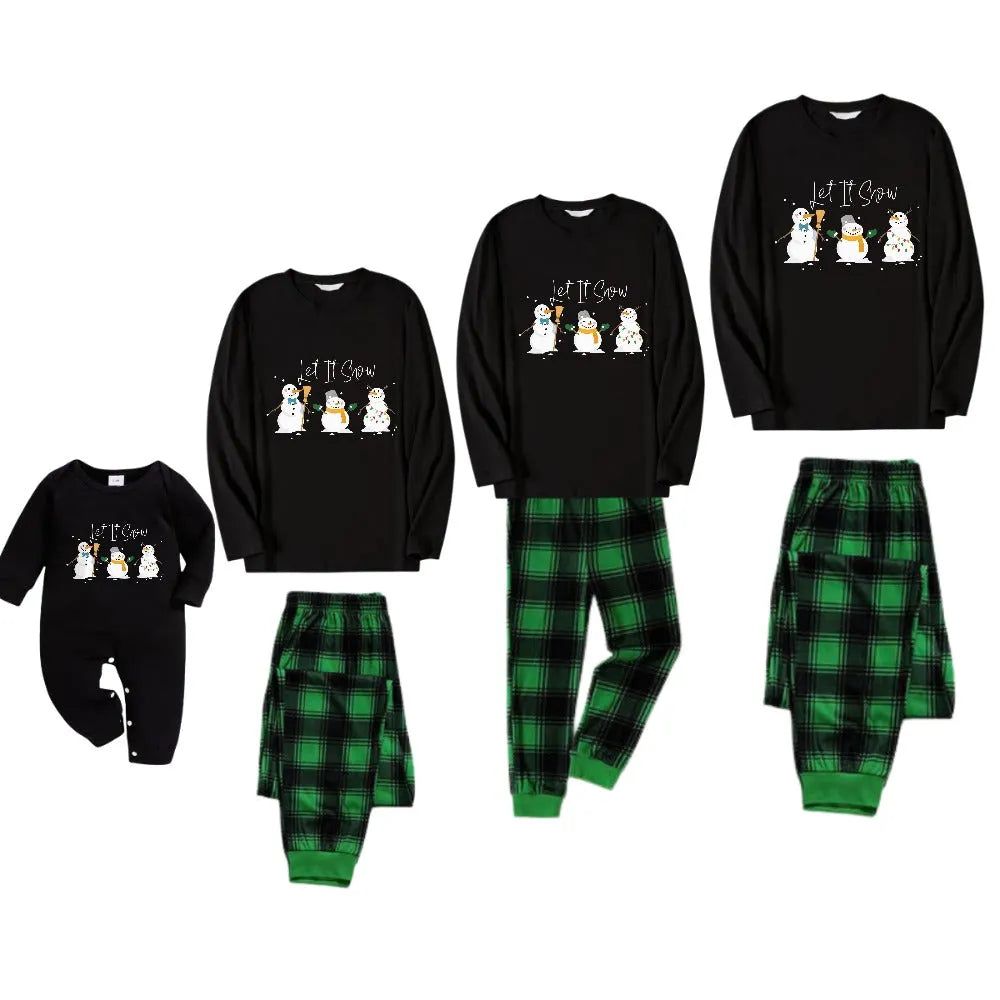 Christmas Family Matching Pajamas-Black Top and Green Plaid Pants Pjs Set with Snowman and "Let It Snow" Print