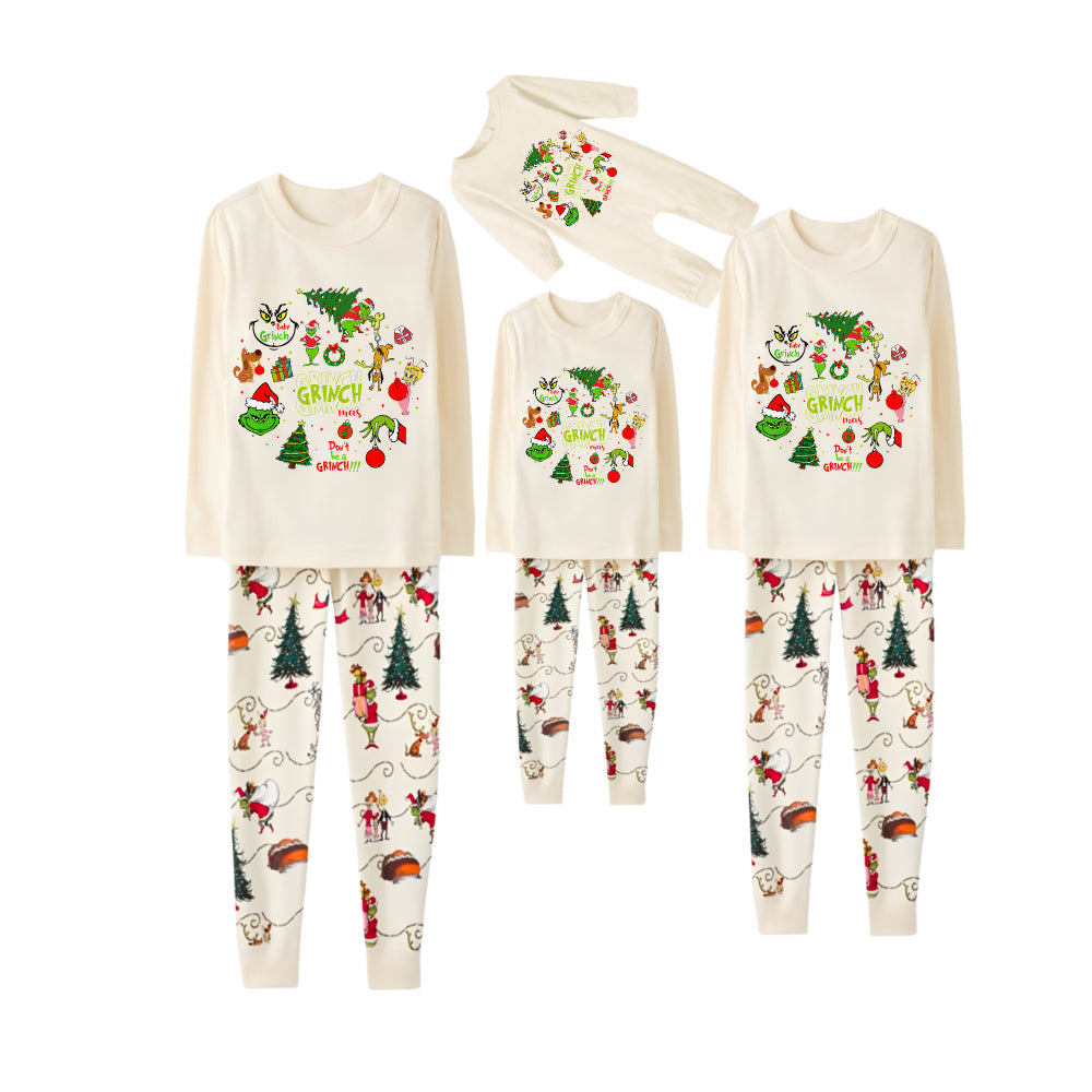 Beige Christmas Pattern Print Christmas Pajamas Set With Grinch and Christmas Pattern Print