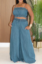 Ruffle Trim Denim Cami Neck Crop Top Wide Leg Pants Casual 2pcs Set-Blue
