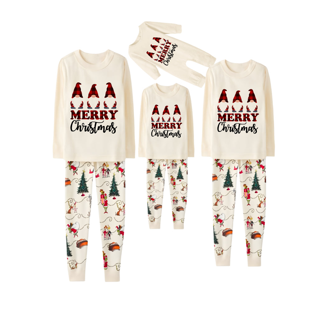 Beige Christmas Pattern Print Christmas Pajamas Set With Gnome Print