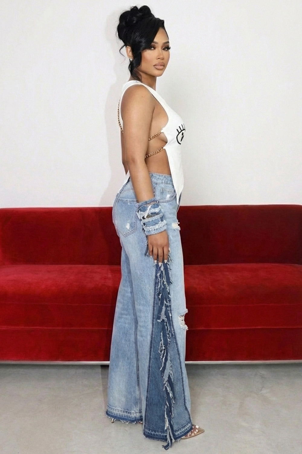 Ripped Fringed Wide-Leg Pant-Blue