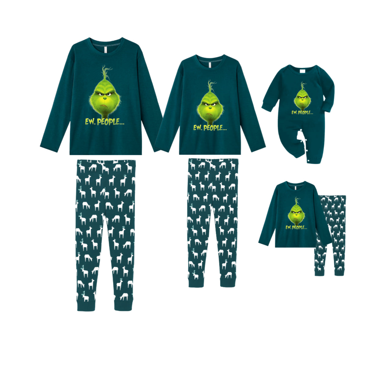 Christmas Family Matching Pajamas-Dark Green&Deer Patterned Pjs Set with Grinch and "Ew People" Print