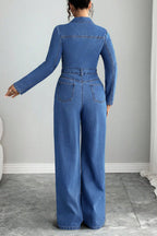 Denim Turndown Collar Long Sleeve Solid Color Wide Leg Casual Jumpsuit-Blue