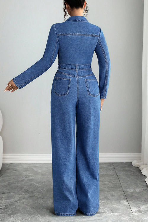 Denim Turndown Collar Long Sleeve Solid Color Wide Leg Casual Jumpsuit-Blue