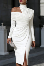 Mock Neck Long Sleeve Cut Out Ruched Slit Slim Fit Gowns Midi Dresses-White