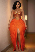 Strapless Sequin Patchwork Overlap Slit Party Maxi Dresses-Orange