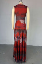 Twisted Decor Dropped Waist Print Patchwork Sleeveless Maxi Dresses-Red