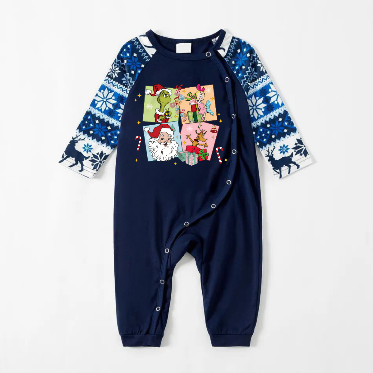 Joyful Blue Christmas Pajamas Set With Christmas Cartoon Pattern Print