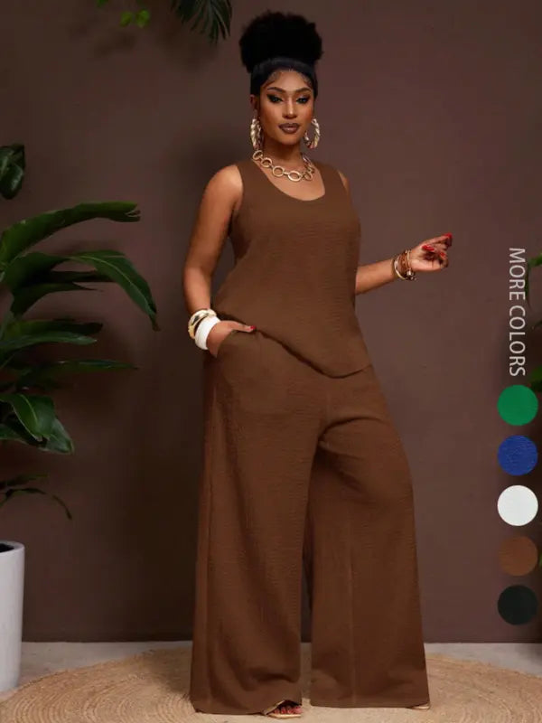 Women's Plus Size Pastel Pink 2-Piece Set,Summer Smart Casual Vacation Loose Textured U-Neck Tank Top And Elastic Waist Palazzo Pants Work Outfits