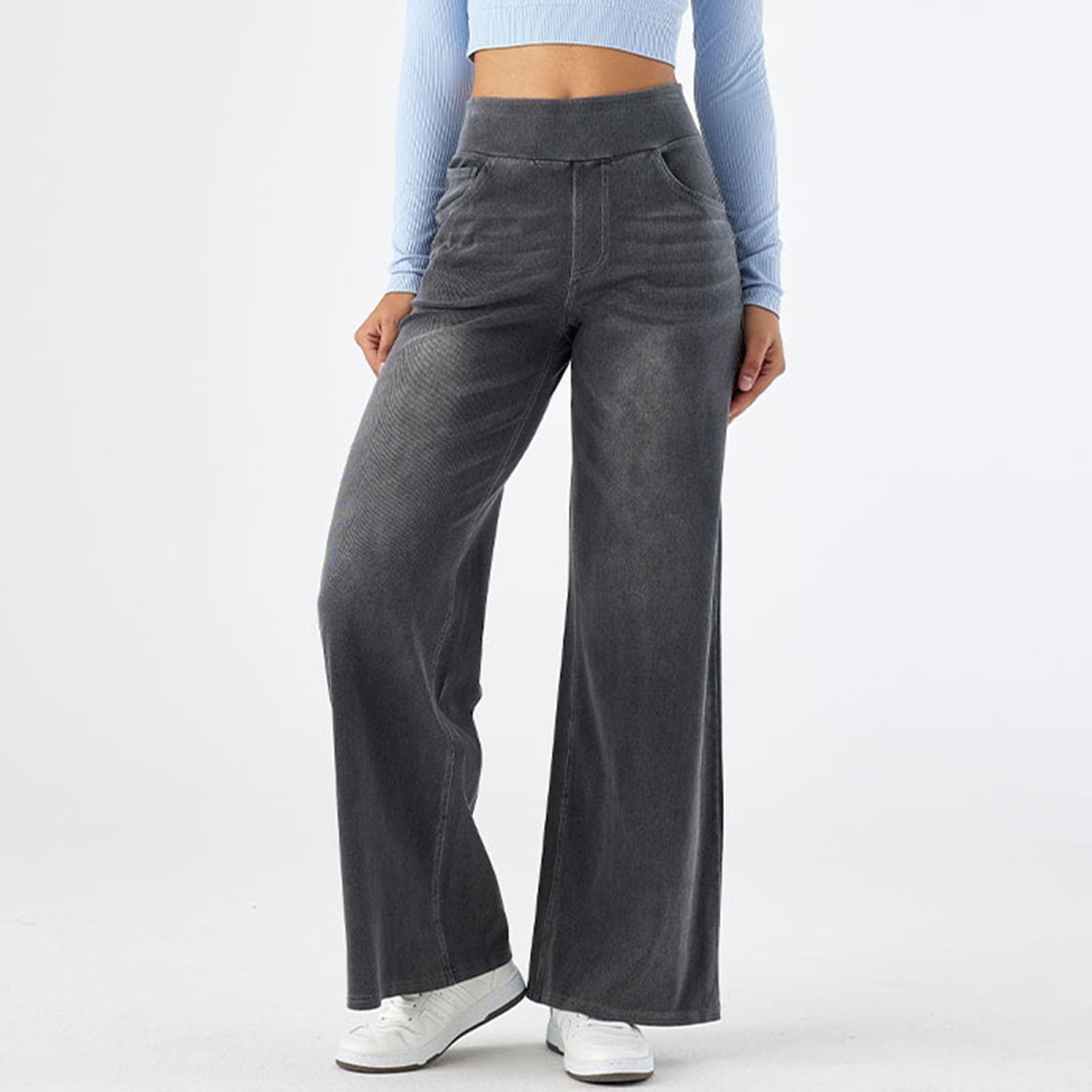 2026🔥 FlexTM High Waisted Multiple Pockets Baggy Wide Leg Washed Stretchy Knit Casual Jeans