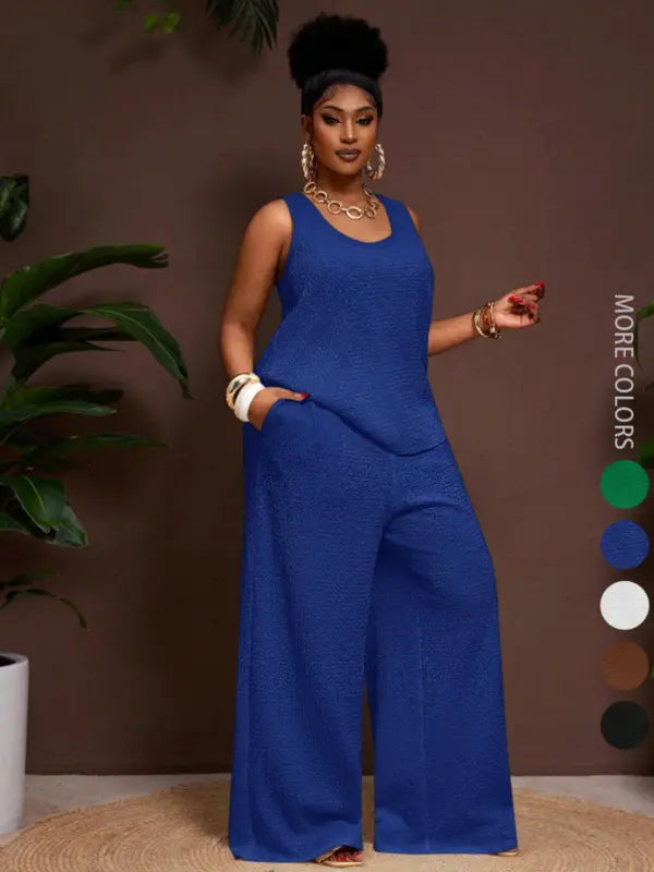 Women's Plus Size Pastel Pink 2-Piece Set,Summer Smart Casual Vacation Loose Textured U-Neck Tank Top And Elastic Waist Palazzo Pants Work Outfits