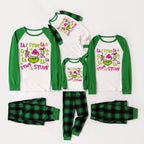 Green Raglan Top Green Plaid Christmas Pajamas Set With Grinch Wearing Pink Santa Hat Print