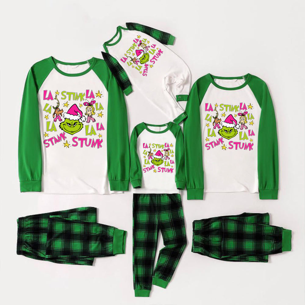 Green Raglan Top Green Plaid Christmas Pajamas Set With Grinch Wearing Pink Santa Hat Print