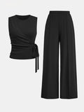 Women's Solid Knot Front Tank Top & Wide Leg Pants Set