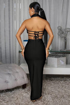 3D Flower Decor High Collar Open Back Bodycon Party Maxi Dresses-Red