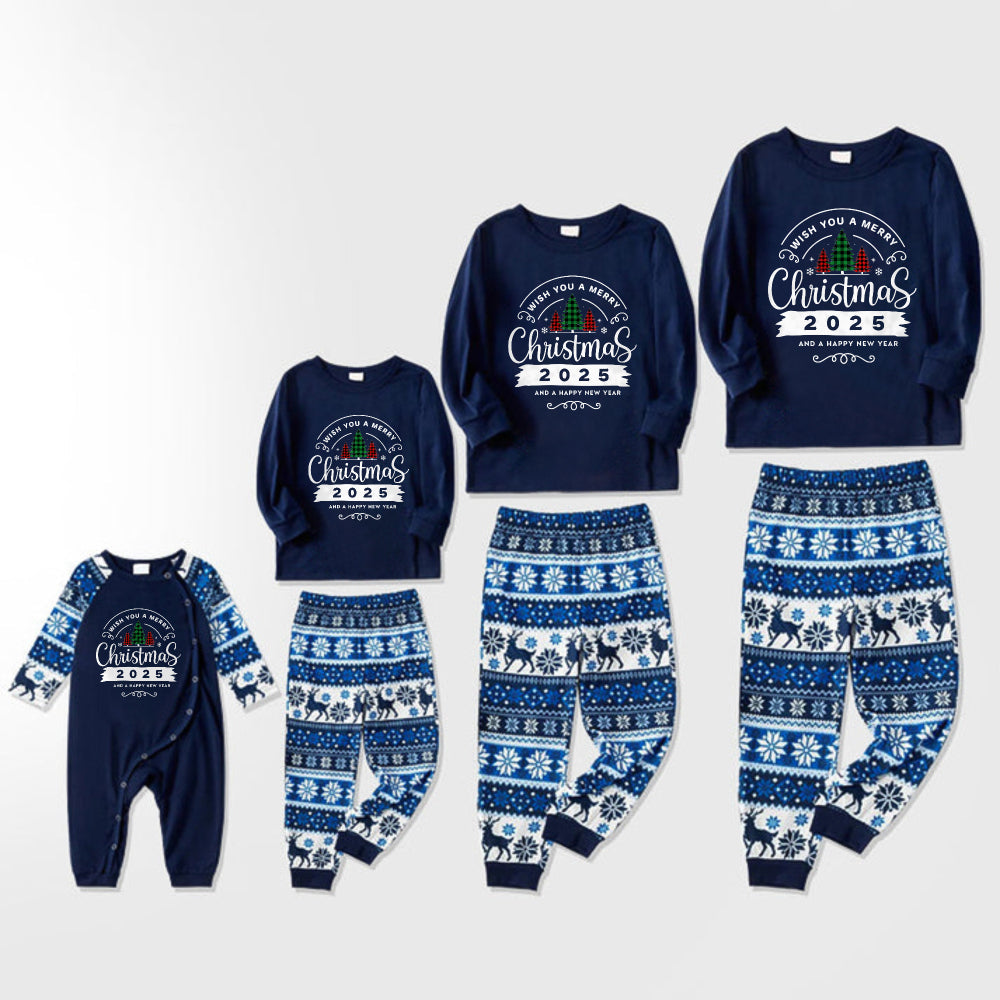 Joyful Blue Christmas Pajamas Set With With "Wish You A Merry Christmas 2025 and Happy New Year" Print
