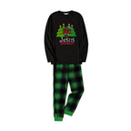 Christmas Family Matching Pajamas-Black Top and Green Plaid Pants Pjs Set with "Jesus Christmas" Print