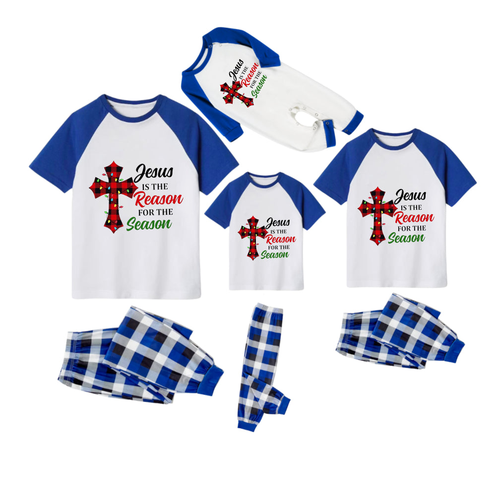 Blue Plaid Short Sleeve Christmas Pajamas Set With "Jesus Is The Reason For The Season" Slogan Print