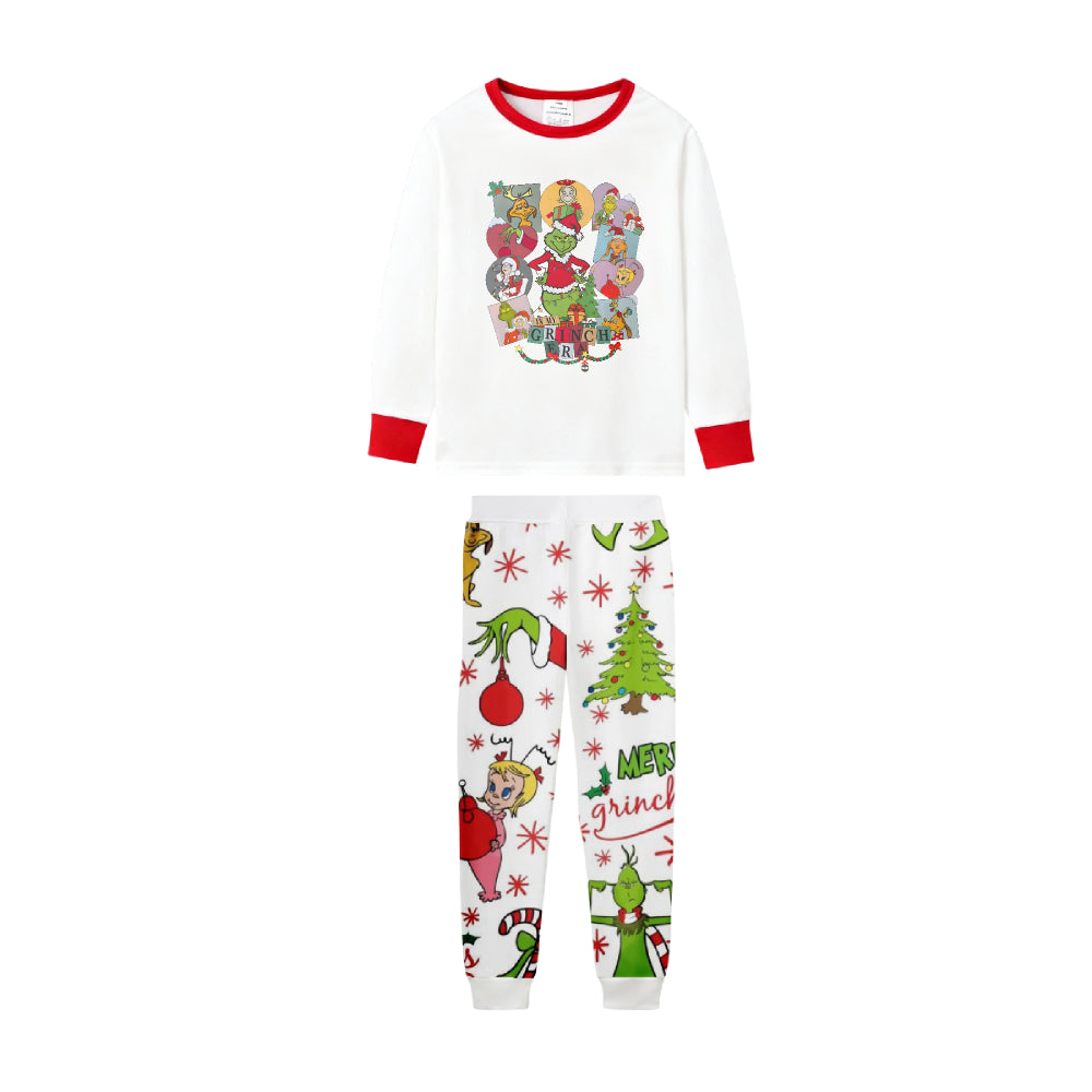 Family Christmas White Pajamas Set With Artistic Christmas Character Print