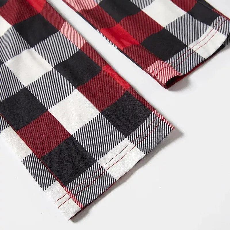 Christmas Tree & "2025 Making Memories Together" Patterned Plaid Sleeve Contrast Tops and Red & Black & White Plaid Pants Family Matching Pajamas Set With Dog Bandana