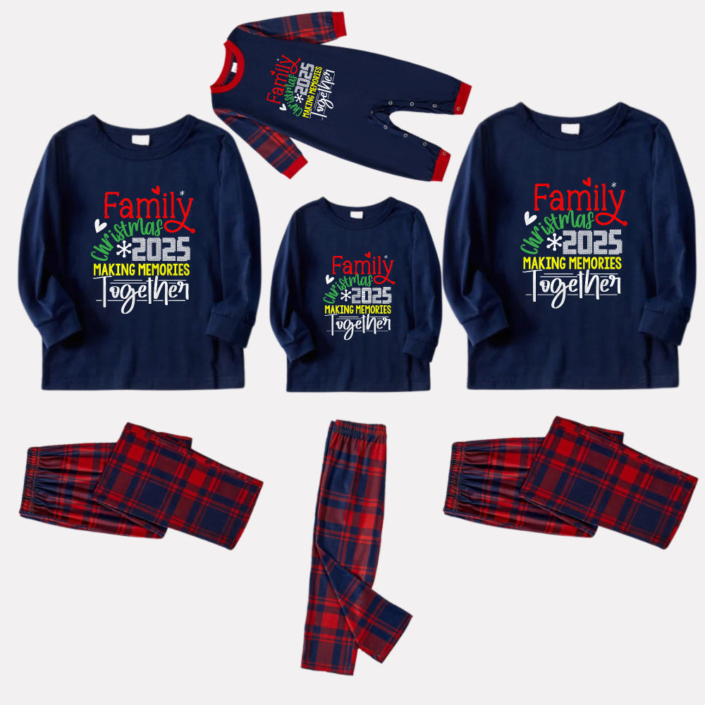 Christmas Family Matching Pajamas-Navy & Red Plaid Pjs Set with "Family Christmas 2025 Making Memories Together" Slogan Print