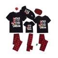 Jesus is the Reason Family Pajamas Set - Black Top Red Pants Red Plaid Sleeves Candy Cane and Holly Print