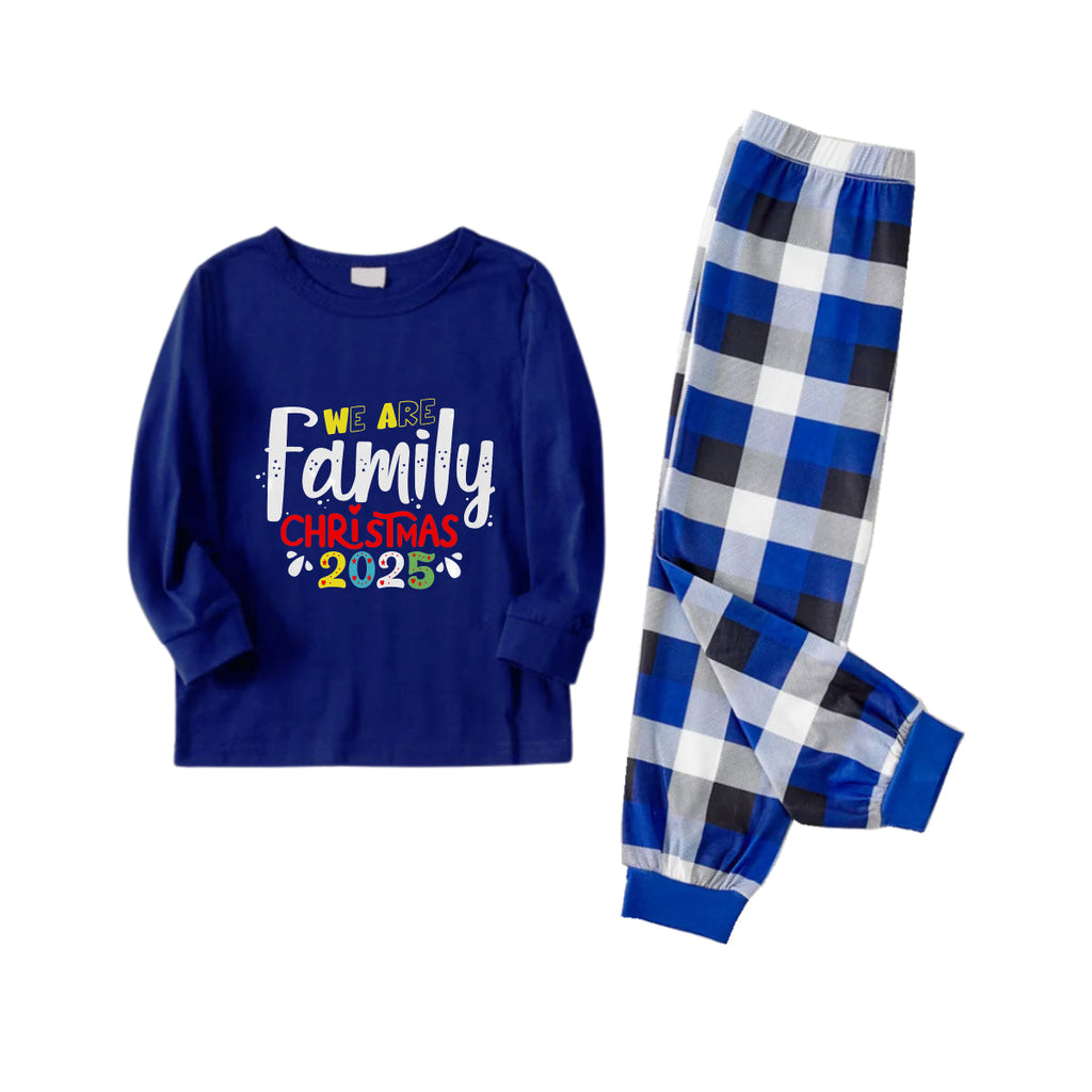 Christmas Family Matching Pajamas-Navy & White Plaid Pjs Set with "We Are Family Christmas 2025" Colorful Text Print