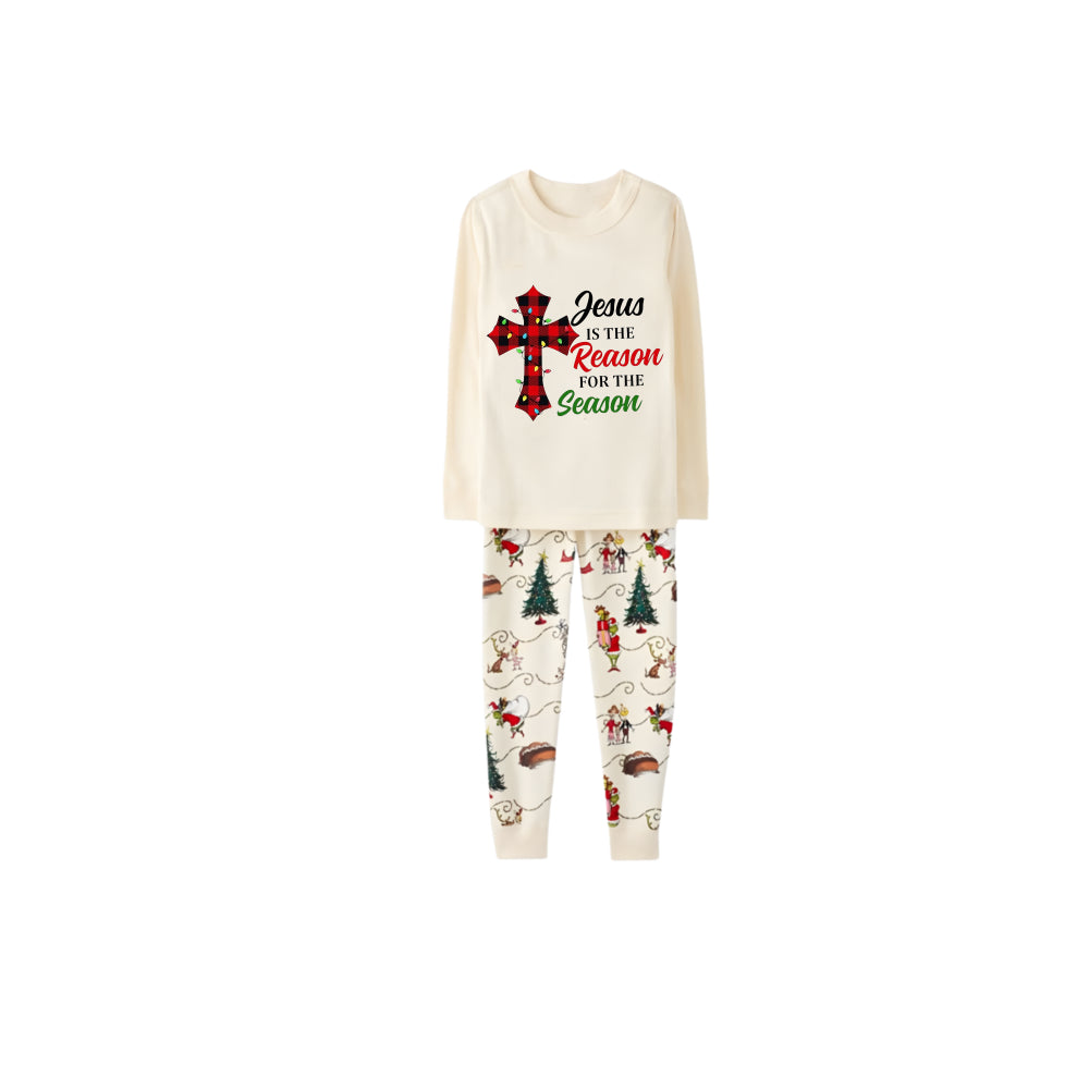 Beige Christmas Pattern Print Christmas Pajamas Set With "Jesus Is The Reason For The Season" Slogan Print