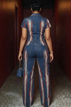 Stripe Print Zipper Top Cargo Pants Denim 2pcs Set-Multicolor [Pre Order]