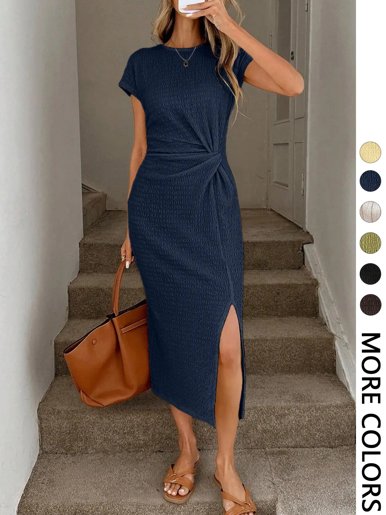 Elegant Waist Twist High Slit Sleeveless Midi Dress, Casual Apricot Textured Bodycon Dress, Women's Birthday Outfit, Women's Fitness Set, Women's Wedding Guest Dress, Women's Office Wear, White Graduation Dress
